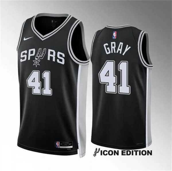 Mens San Antonio Spurs #41 Raiquan Gray Black 2022-23 Icon Edition Stitched Basketball Jersey Dzhi->->NBA Jersey
